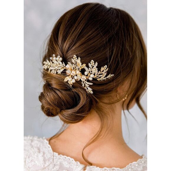 ?Women Gold Flower Crystal Hair Comb Accessories with Pearl Side Comb Headpiece main image 4